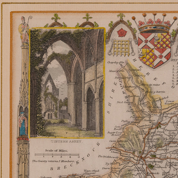 Antique Lithography Map, Monmouthshire, Framed, Welsh Cartography, Victorian