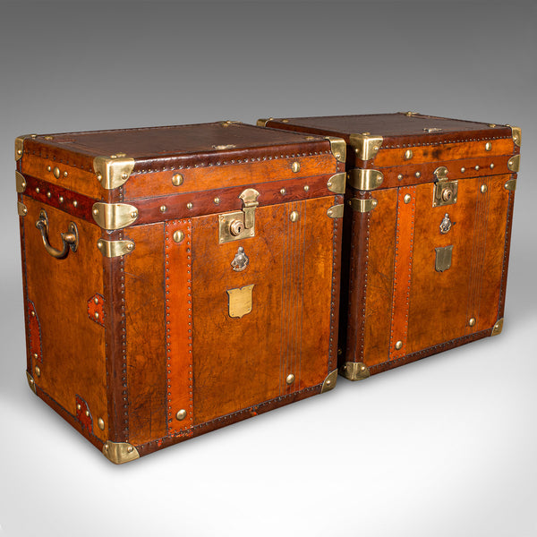 Pair Of Vintage Officer's Campaign Luggage, English, Leather Cases, Nightstand