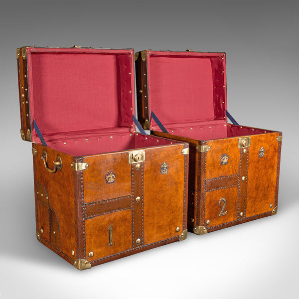 Pair Of Vintage Officer's Campaign Luggage Cases, English, Leather, Nightstand