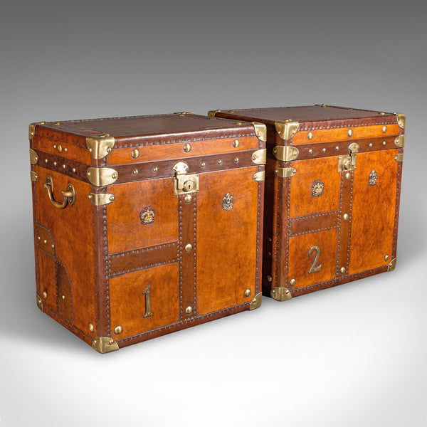 Pair Of Vintage Officer's Campaign Luggage Cases, English, Leather, Nightstand