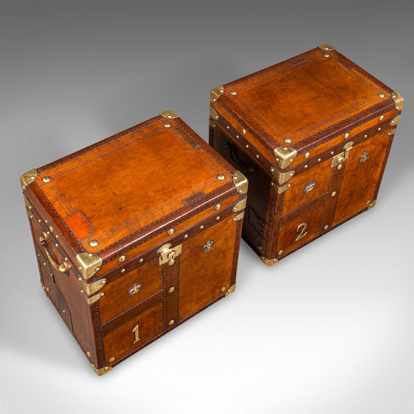 Pair Of Vintage Officer's Campaign Luggage Cases, English, Leather, Nightstand