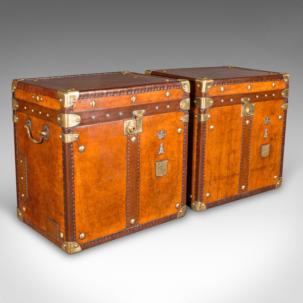 Pair Of Vintage Campaign Luggage Cases, English, Leather, Bedroom Nightstands