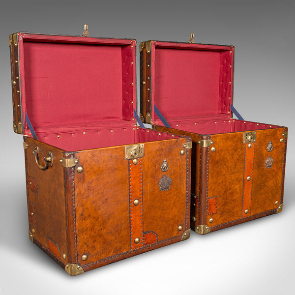 Pair Of Vintage Officer's Luggage Cases, English, Leather, Bedside Nightstand