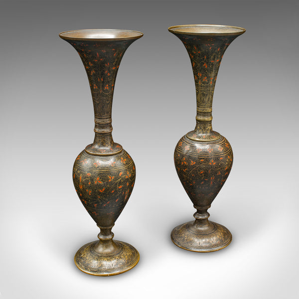 Pair Of Vintage Stem Vases, Indian, Brass, Enamel, Flower Sleeve, Art Deco, 1940