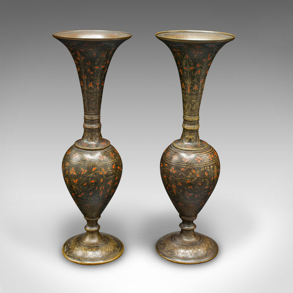 Pair Of Vintage Stem Vases, Indian, Brass, Enamel, Flower Sleeve, Art Deco, 1940