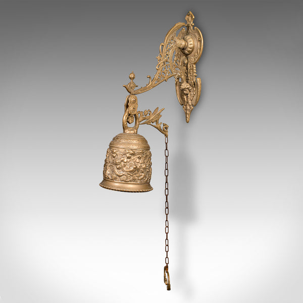 Antique School Bell, Continental, Brass, Wall Mounted Chime, Ornate, Victorian