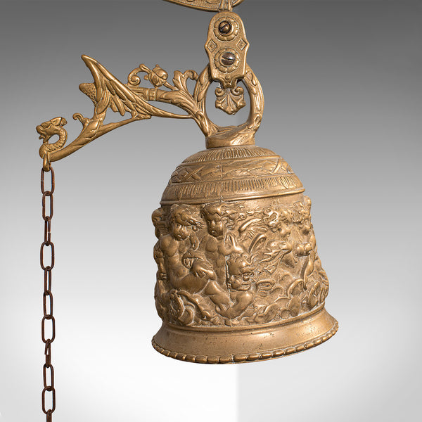 Antique School Bell, Continental, Brass, Wall Mounted Chime, Ornate, Victorian