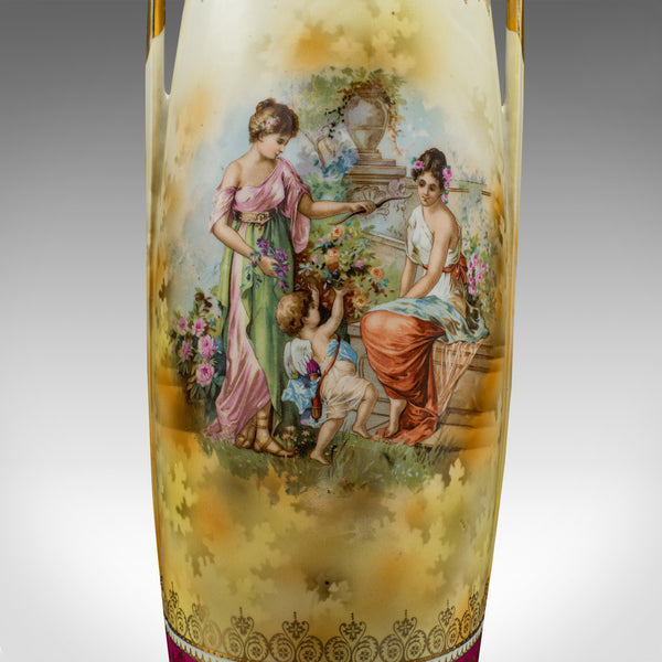 Pair Of Tall Antique Stem Vases, Austrian, Ceramic, Flower Sleeve, Victorian