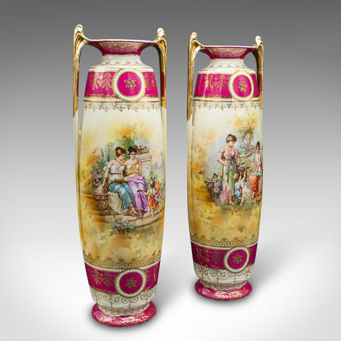 Pair Of Tall Antique Stem Vases, Austrian, Ceramic, Flower Sleeve, Victorian