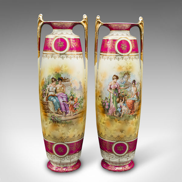 Pair Of Tall Antique Stem Vases, Austrian, Ceramic, Flower Sleeve, Victorian