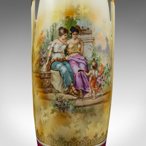 Pair Of Tall Antique Stem Vases, Austrian, Ceramic, Flower Sleeve, Victorian