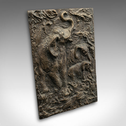 Vintage Elephant Relief Plaque, English, Bronze Outdoor Plate, Mid Century, 1960