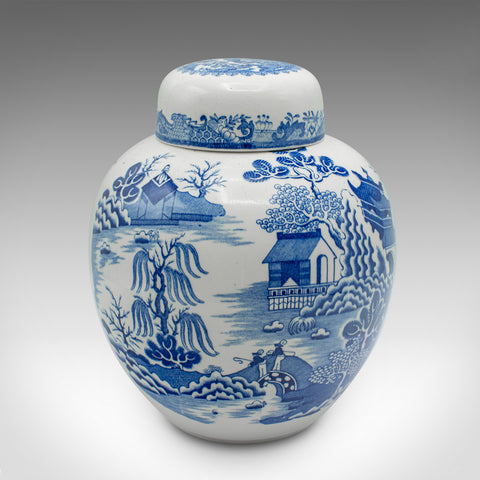 Vintage Ginger Jar, English, Ceramic, Decorative Spice Urn, Blue and White, 1970