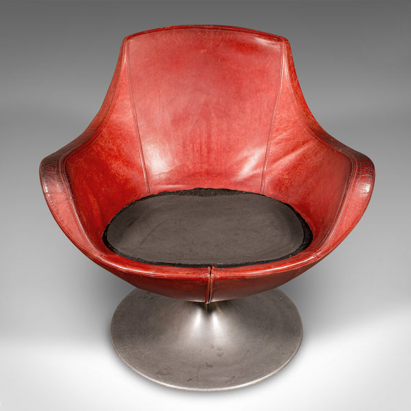 Pair Of Vintage Swivel Tub Chairs, Italian, Leather, Lounge Seat, Circa 1970