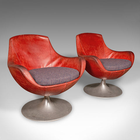 Pair Of Vintage Swivel Tub Chairs, Italian, Leather, Lounge Seat, Circa 1970