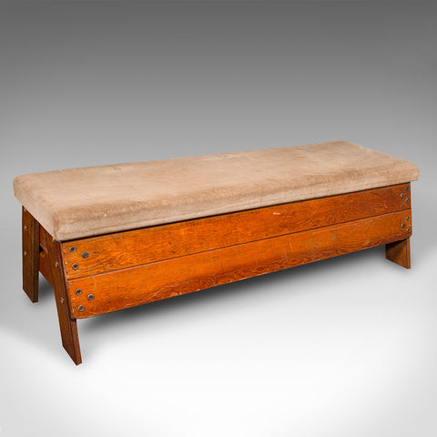 Antique Gymnasium Bench, English, Pine, Suede, Window Seat, Dining Room, C.1920