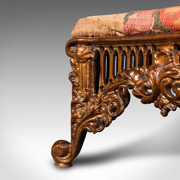 Antique Embroidered Footstool, English, Gilt Brass, Fireside, Stool, Victorian
