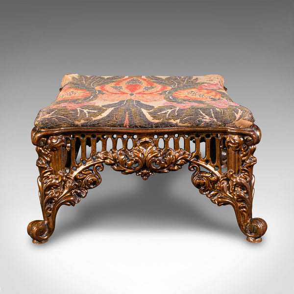Antique Embroidered Footstool, English, Gilt Brass, Fireside, Stool, Victorian