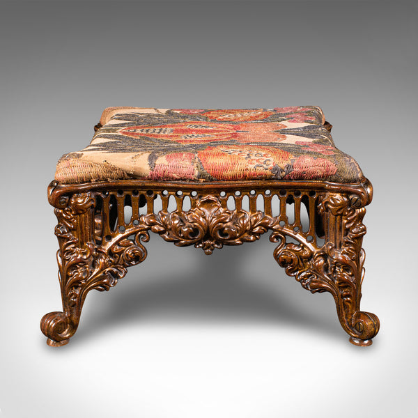 Antique Embroidered Footstool, English, Gilt Brass, Fireside, Stool, Victorian