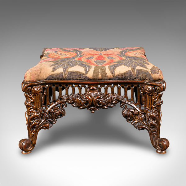 Antique Embroidered Footstool, English, Gilt Brass, Fireside, Stool, Victorian