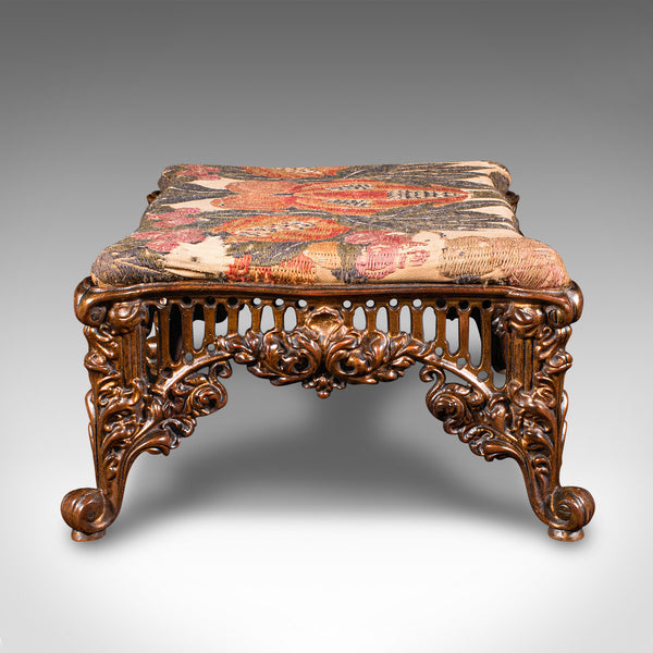 Antique Embroidered Footstool, English, Gilt Brass, Fireside, Stool, Victorian