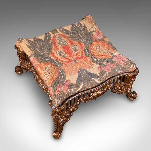 Antique Embroidered Footstool, English, Gilt Brass, Fireside, Stool, Victorian