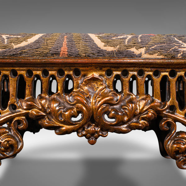 Antique Embroidered Footstool, English, Gilt Brass, Fireside, Stool, Victorian