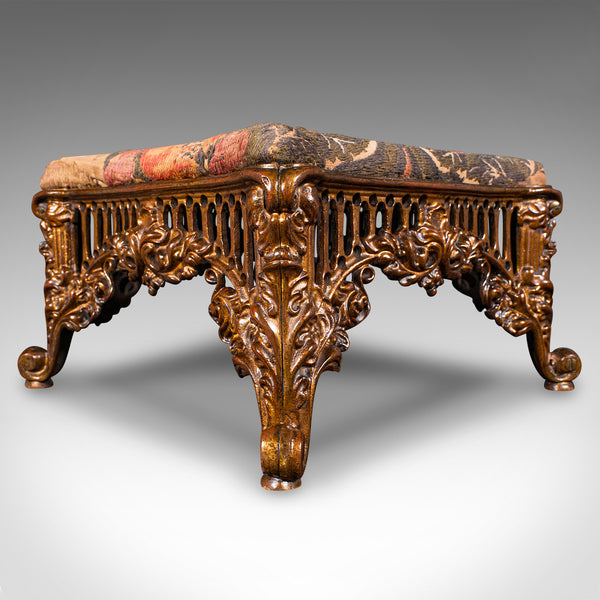 Antique Embroidered Footstool, English, Gilt Brass, Fireside, Stool, Victorian