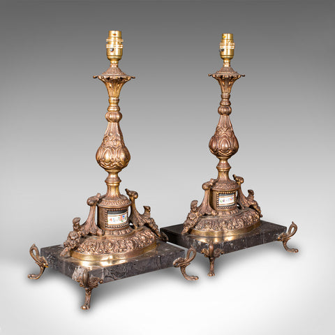 Pair Of Antique Lamp Bases, French, Gilt Metal, Marble, Table Light, Edwardian