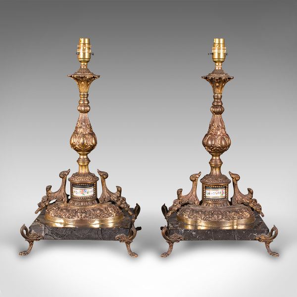 Pair Of Antique Lamp Bases, French, Gilt Metal, Marble, Table Light, Edwardian