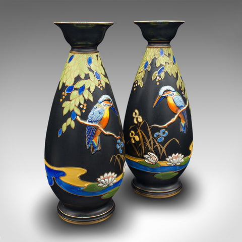 Pair Of Vintage Display Vases, English, Satin Finish, Kingfisher, Art Deco, 1930