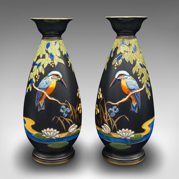 Pair Of Vintage Display Vases, English, Satin Finish, Kingfisher, Art Deco, 1930