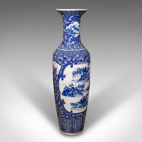 4' Tall Vintage Floor Vase, Chinese, Blue & White, Ceramic, Display, Art Deco
