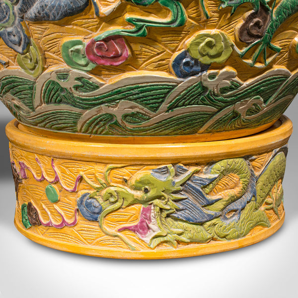 Pair Of Large Vintage Planters, Chinese, Relief Ceramic, Jardiniere, Art Deco