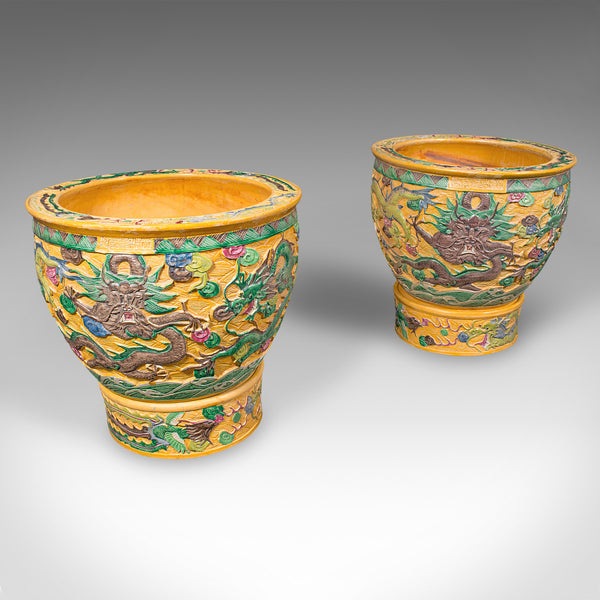 Pair Of Large Vintage Planters, Chinese, Relief Ceramic, Jardiniere, Art Deco