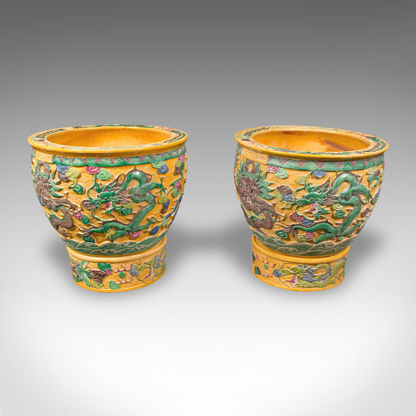 Pair Of Large Vintage Planters, Chinese, Relief Ceramic, Jardiniere, Art Deco