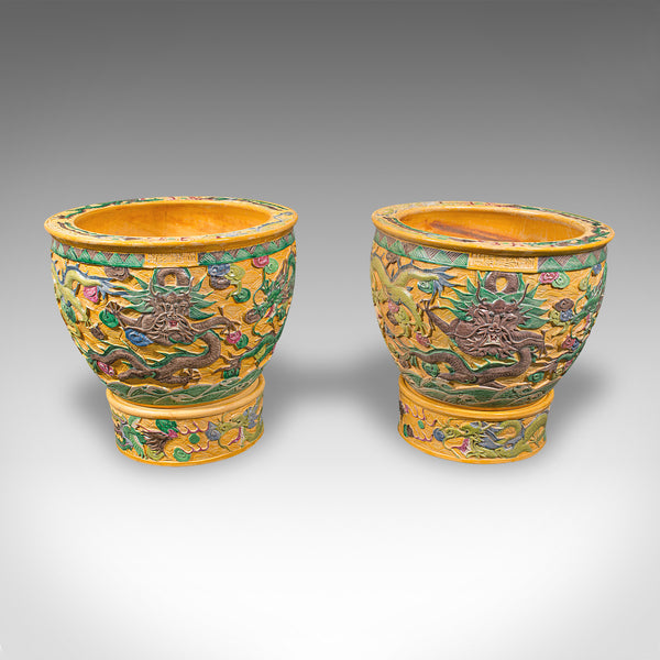 Pair Of Large Vintage Planters, Chinese, Relief Ceramic, Jardiniere, Art Deco