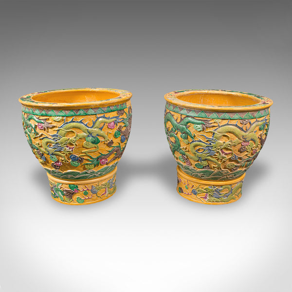 Pair Of Large Vintage Planters, Chinese, Relief Ceramic, Jardiniere, Art Deco