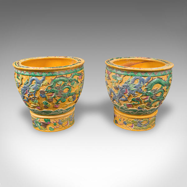 Pair Of Large Vintage Planters, Chinese, Relief Ceramic, Jardiniere, Art Deco