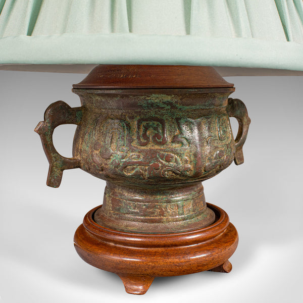 Small Vintage Side Lamp, Chinese, Bronze, Desk, Table Light, Decor, Circa 1970