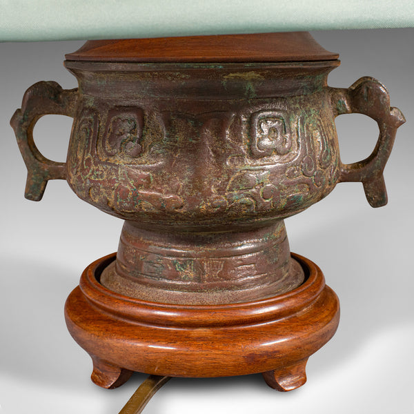 Small Vintage Side Lamp, Chinese, Bronze, Desk, Table Light, Decor, Circa 1970