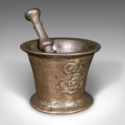 Antique Tudor Rose Mortar And Pestle, English, Bronze, Apothecary, 17th Century