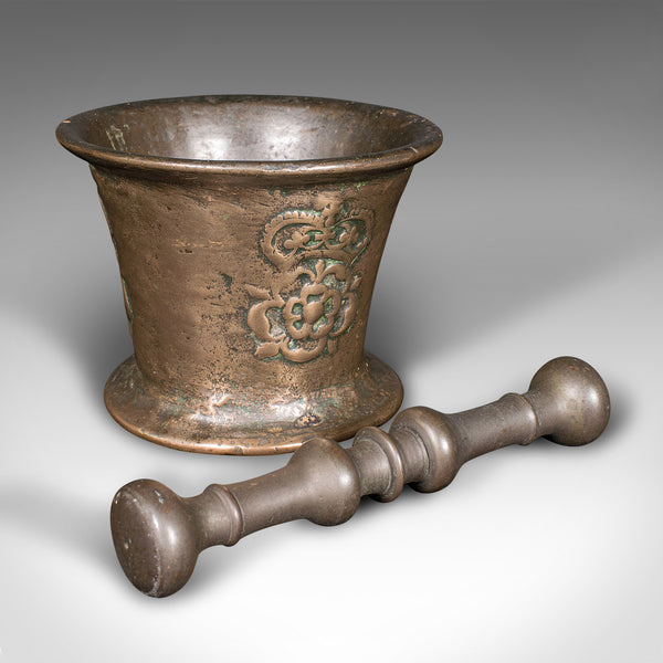 Antique Tudor Rose Mortar And Pestle, English, Bronze, Apothecary, 17th Century