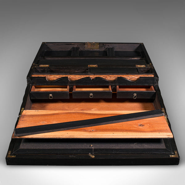 Antique Correspondence Box, Ceylon, Ebony, Campaign, Writing Slope, Victorian