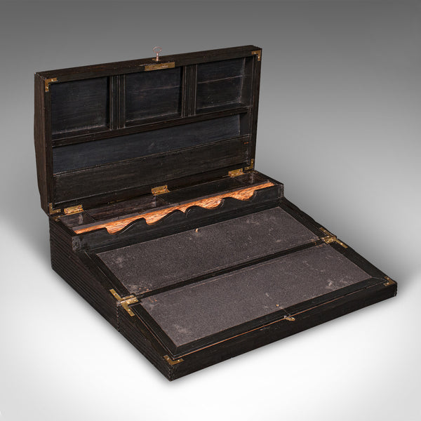 Antique Correspondence Box, Ceylon, Ebony, Campaign, Writing Slope, Victorian