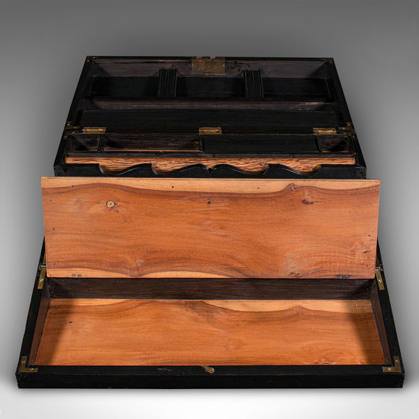 Antique Correspondence Box, Ceylon, Ebony, Campaign, Writing Slope, Victorian