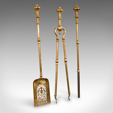 Set of 3 Antique Fire Tools, English Brass, Shovel, Poker, Tongs, Georgian, 1800