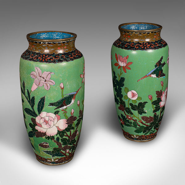 Pair Of Antique Baluster Vases, Japanese, Cloisonne Flower Urn, Meiji, Victorian