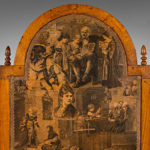 Antique 3 Fold Scrap Screen, English, Oak, Photo Prop, Room Divider, Victorian