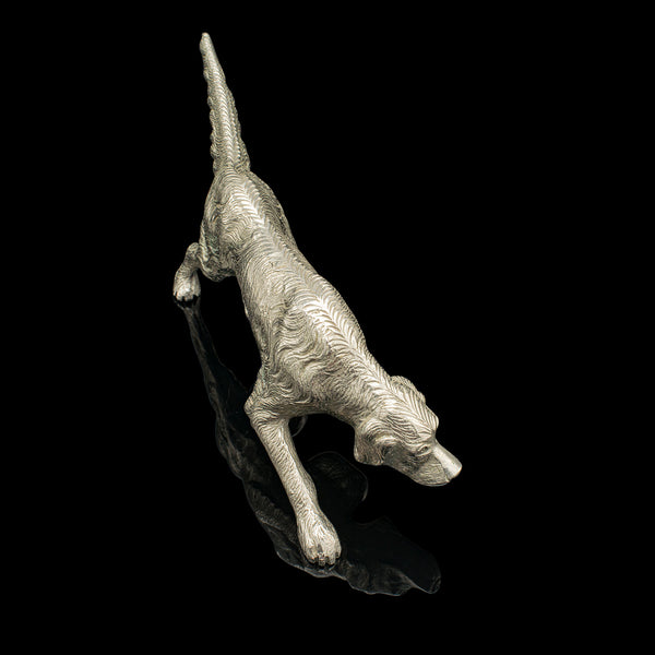 Antique Dog Figure, English, Nickelled Iron, Pointer, Hound Ornament, Edwardian